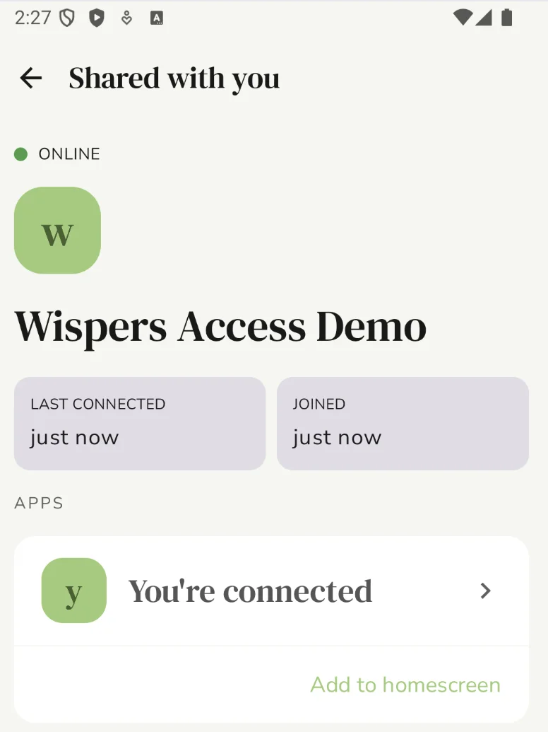 A share in Wispers Access with its apps listed, each one a tap away